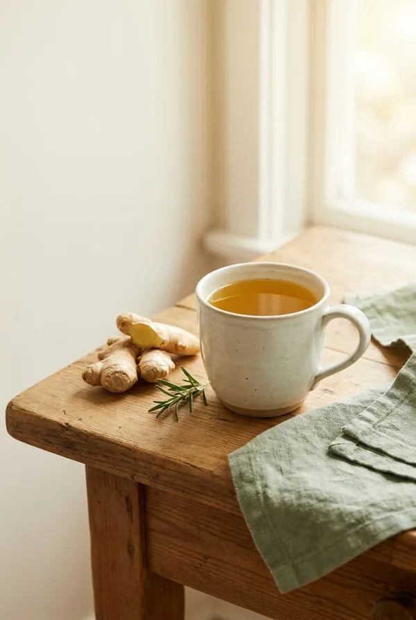 A cup of warm ginger tea on a sunny wooden windowsill beside fresh ginger root