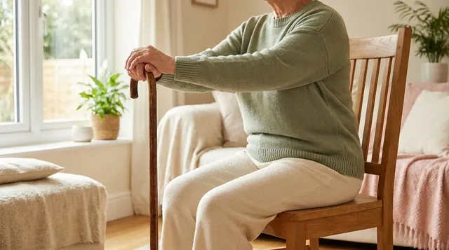 An older woman resting in a wooden chair by a sunny window, hands on a walking cane