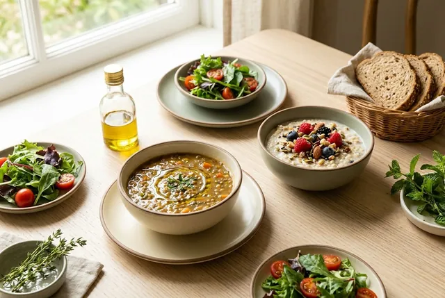 A sunny table set with lentil soup, berry oatmeal, green salads, bread and olive oil
