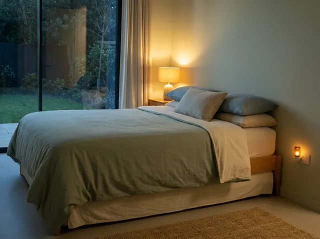 A calm bedroom at dusk with a soft bedside lamp and a sage-green bedspread