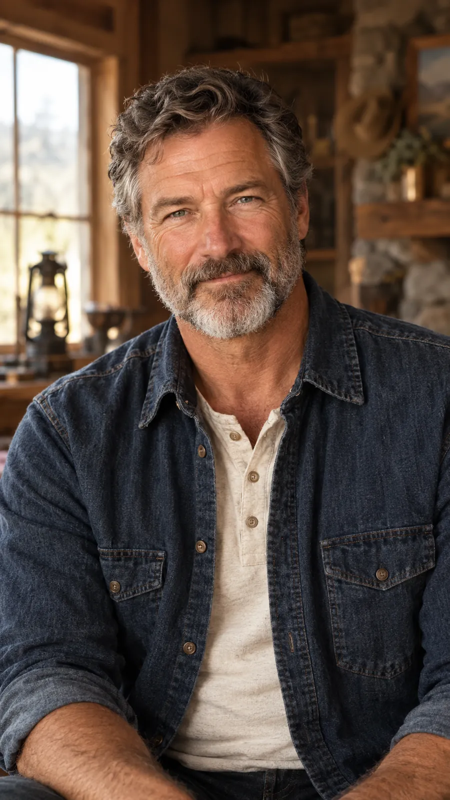 A smiling older man in a denim shirt relaxing at home in a warm, wood-panelled room